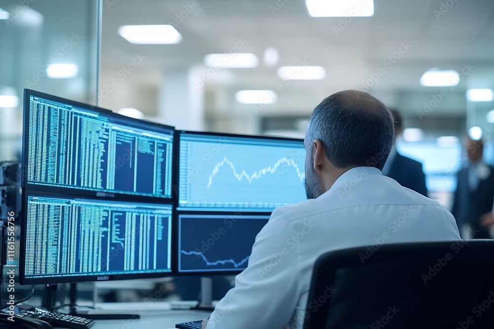 Financial Analyst Observes Market Trends on Multi-Monitor Workstation in Office Setting : Generative AI Financial Analyst Observes Market Trends on Multi-Monitor Workstation in Office Setting : Generative AI