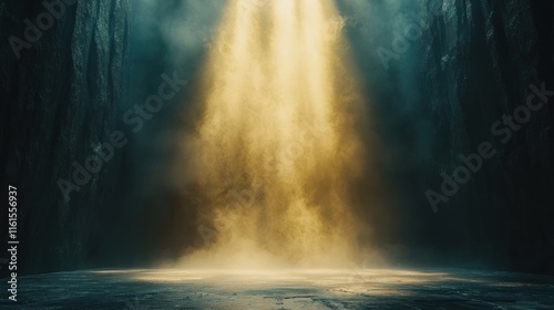 Dramatic golden light beams in a dark, smoky cavern.