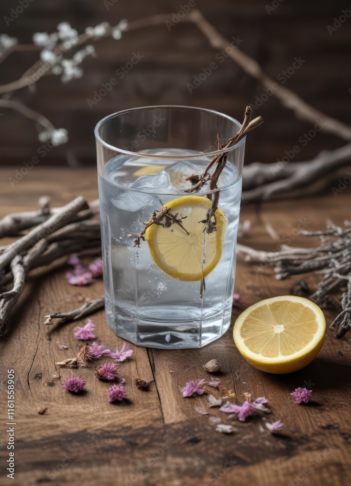 A chilled glass of water on a rustic wooden surface with a half-eaten lemon wedge, surrounded by fallen branches and dried flowers, ambiance, glass, wood A chilled glass of water on a rustic wooden surface with a half-eaten lemon wedge, surrounded by fallen branches and dried flowers, ambiance, glass, wood