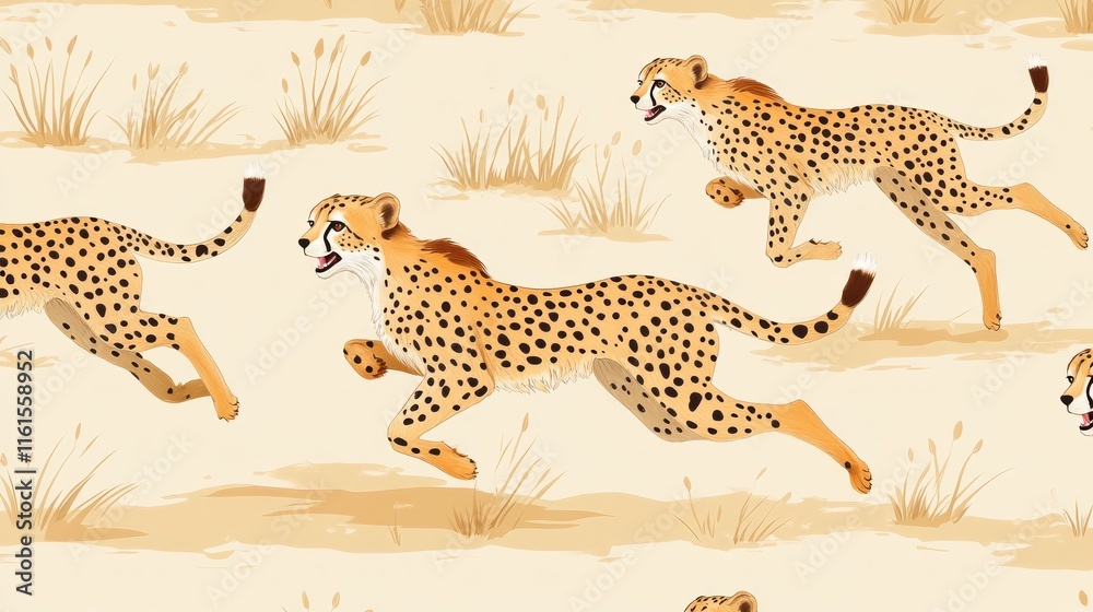 Obraz premium Seamless pattern of cheetahs running in savanna grassland.