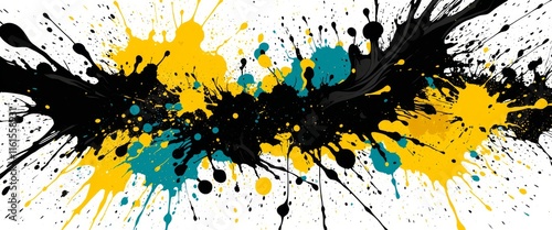 Dynamic abstract paint splatter in black, yellow, and teal