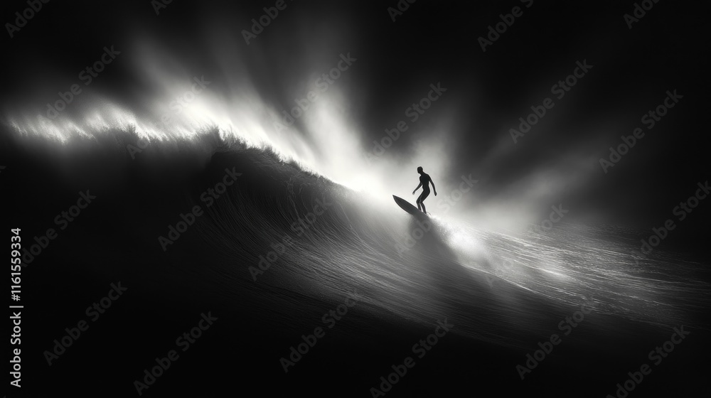 Surfer silhouette riding a large wave, backlit by bright light. Surfer silhouette riding a large wave, backlit by bright light.