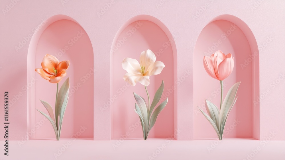 Fototapeta premium Three pastel tulips in arched niches.