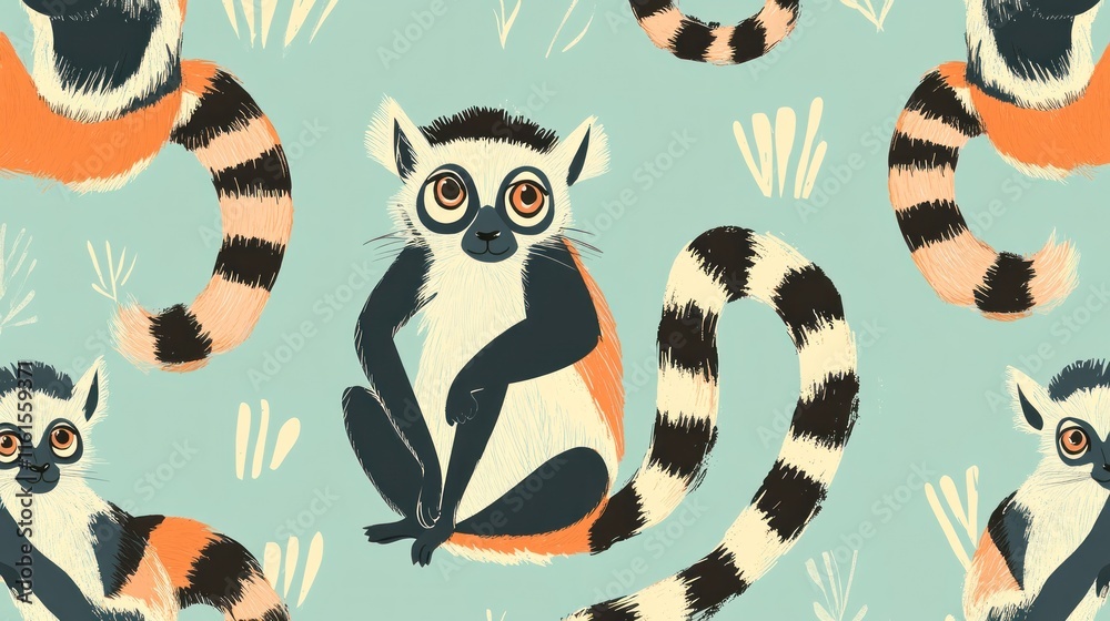 Seamless pattern of cute ring-tailed lemurs on a light blue background. Seamless pattern of cute ring-tailed lemurs on a light blue background.