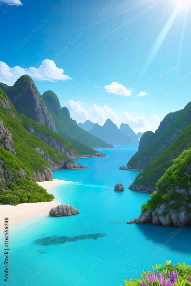Fototapeta premium Beautiful and Peaceful Nature Scenery Illustration Landscape Countryside Tranquil Vibrant and Colorful