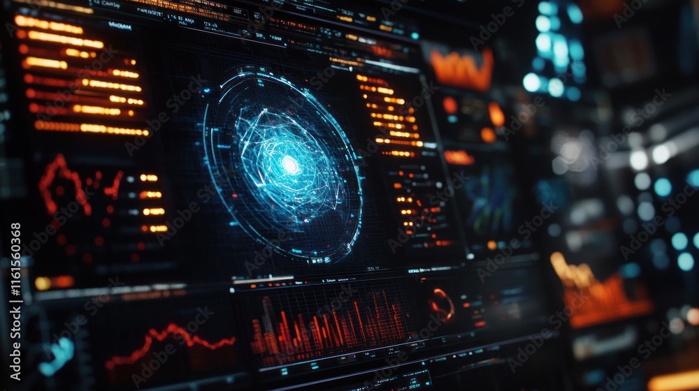 Obraz premium Stylized global analytics interface, merging art and tech with creative infographics