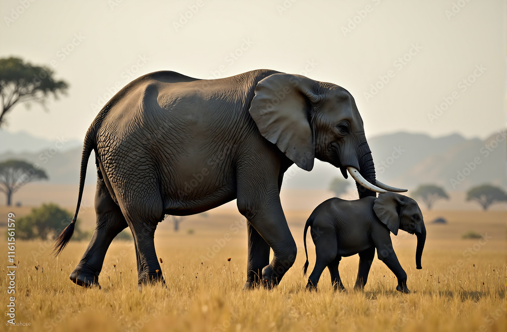 Fototapeta premium A mother elephant walking through the savanna, her calf following closely, wild life maternity, motherhood