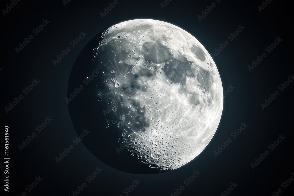 Fototapeta premium A luminous close-up of the half-moon captures its intricate cratered details, with a glowing surface standing out against the black void of space, evoking a sense of celestial wonder
