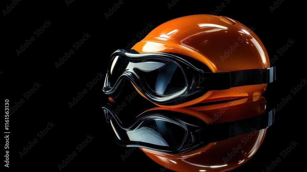 Fototapeta premium Orange safety helmet and goggles on black background.