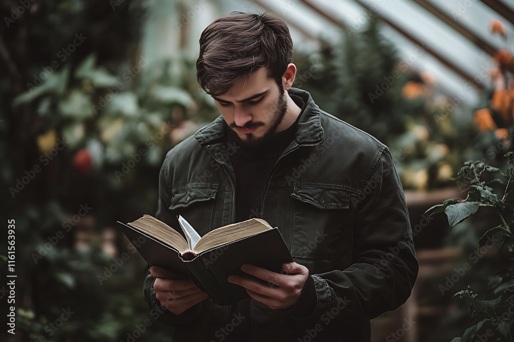 Fototapeta premium Young Man Deeply Engaged in Reading a Book Surrounded by Greenhouse Plants : Generative AI