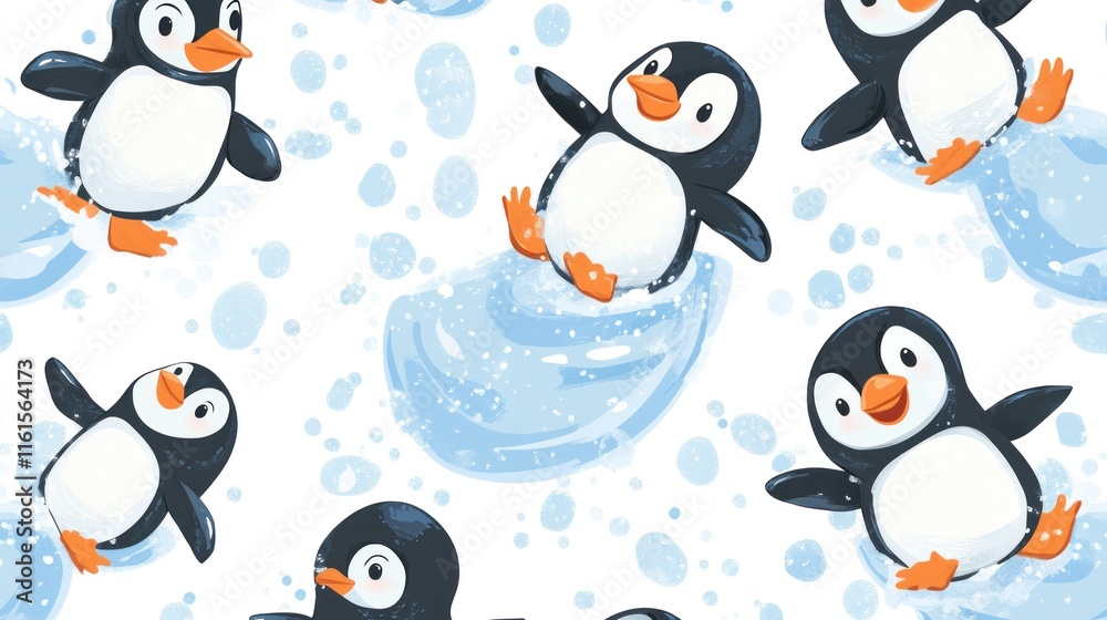 Fototapeta premium Seamless pattern with cute cartoon penguins sliding on ice.