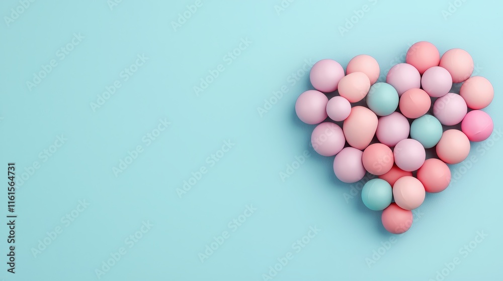 A colorful arrangement of pastel eggs shaped into a heart on a light blue background, symbolizing love and celebration. A colorful arrangement of pastel eggs shaped into a heart on a light blue background, symbolizing love and celebration.