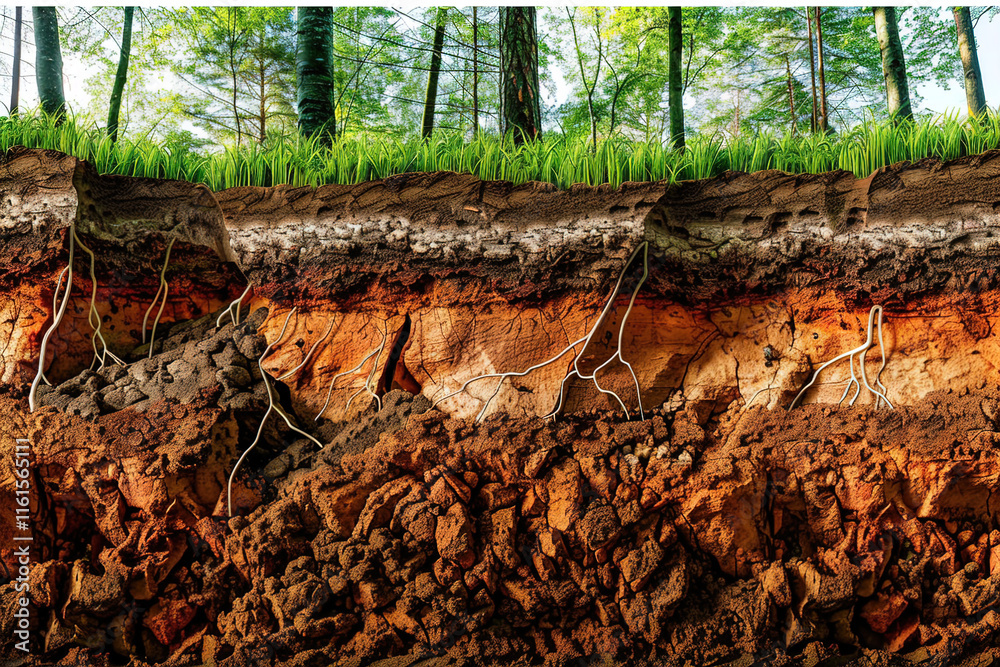 Fototapeta premium Cross-section of earth layers, showing distinct mineral strata, soil textures, and geological features