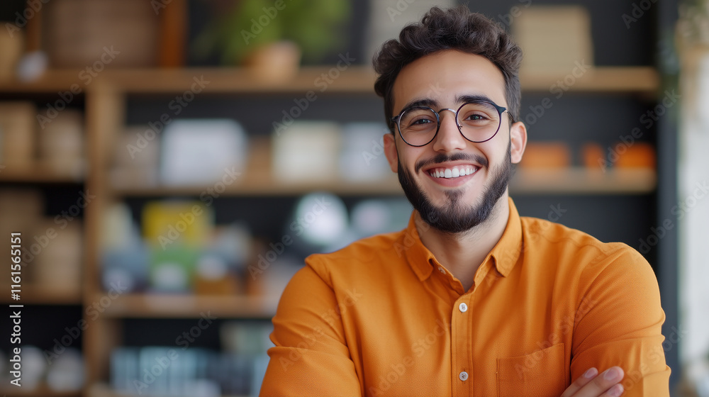 smiling man in orange shirt stands confidently with arms crossed in cozy cafe setting, surrounded by shelves of various items, conveying warmth and approachability. smiling man in orange shirt stands confidently with arms crossed in cozy cafe setting, surrounded by shelves of various items, conveying warmth and approachability.