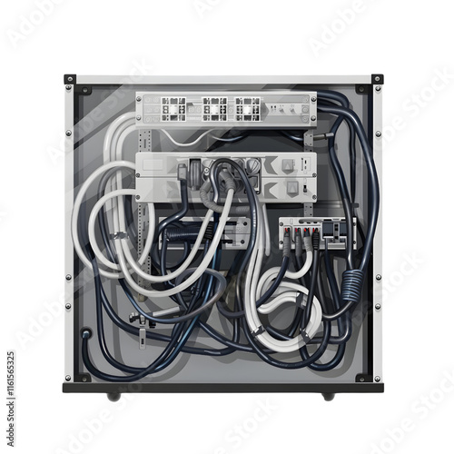 Realistic illustration of a cable management box with organized wiring on transparent background