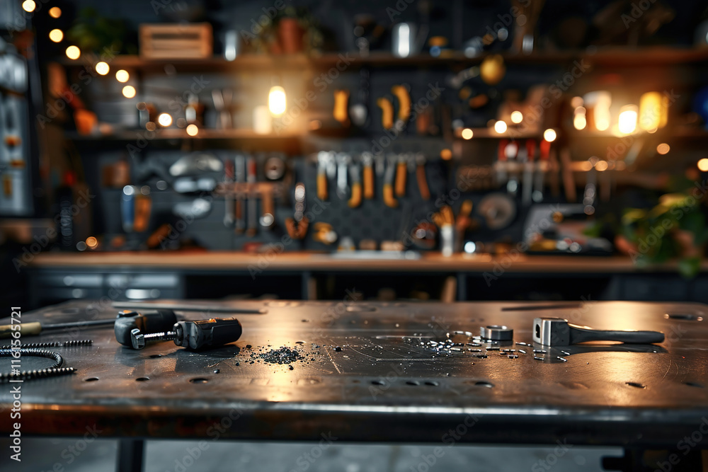 Blank, scratched metal workbench surface in gritty garage, blurred industrial tools in background, copy space Blank, scratched metal workbench surface in gritty garage, blurred industrial tools in background, copy space