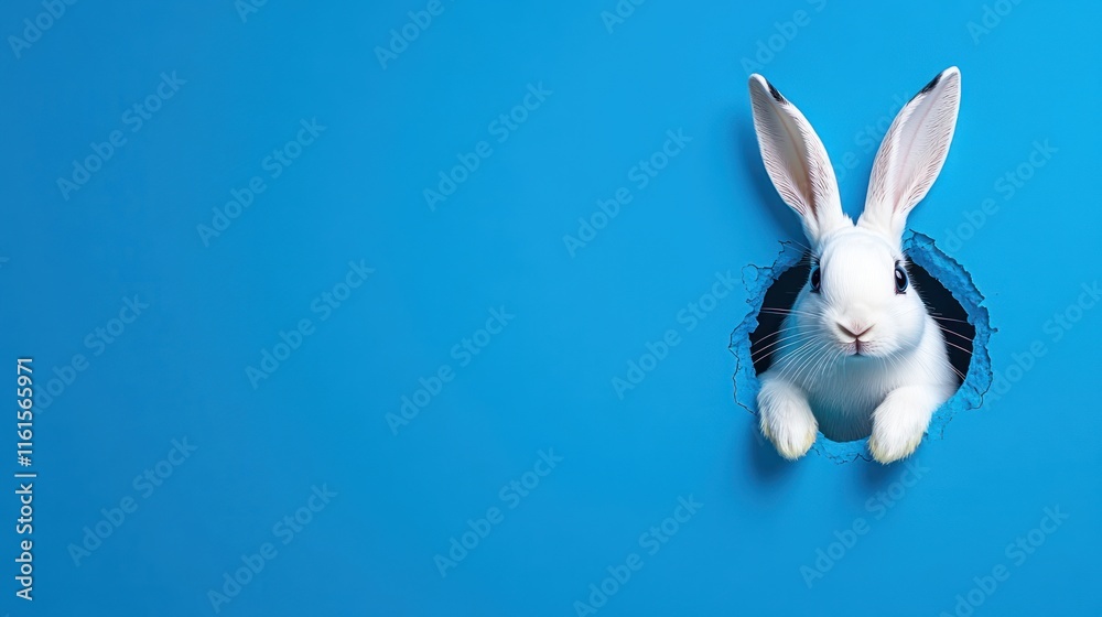 Obraz premium White Easter Bunny Peeking from Round Hole on Blue Background