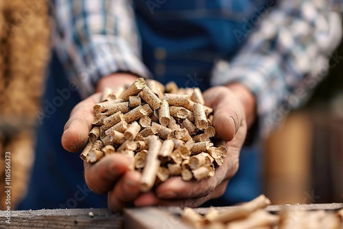 Industrial conveyor belt carrying freshly processed wood pellets at a biomass energy production plant photo