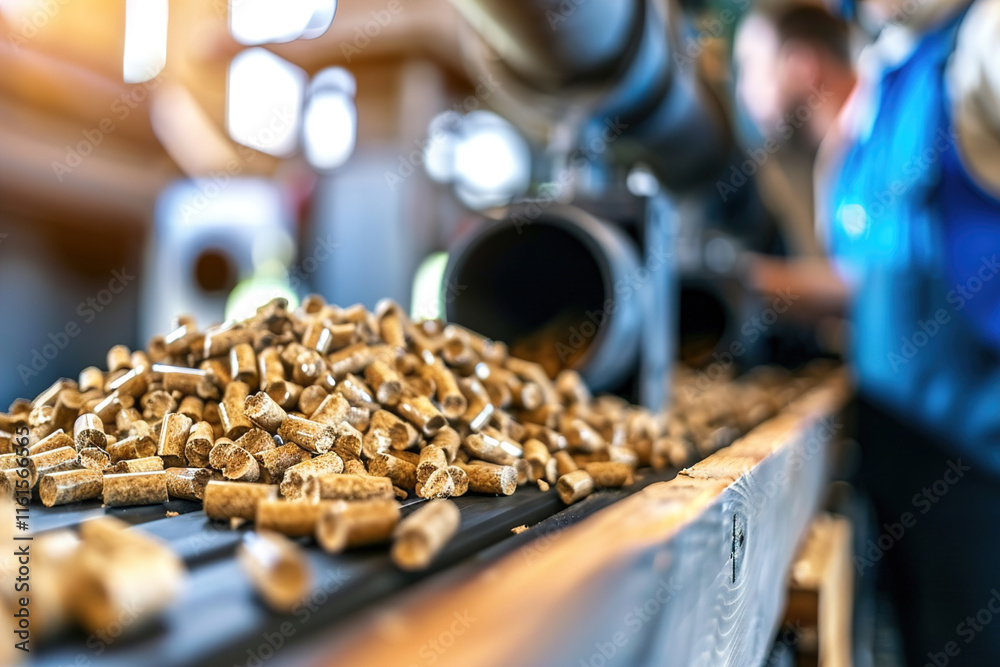 Industrial conveyor belt carrying freshly processed wood pellets at a biomass energy production plant Industrial conveyor belt carrying freshly processed wood pellets at a biomass energy production plant
