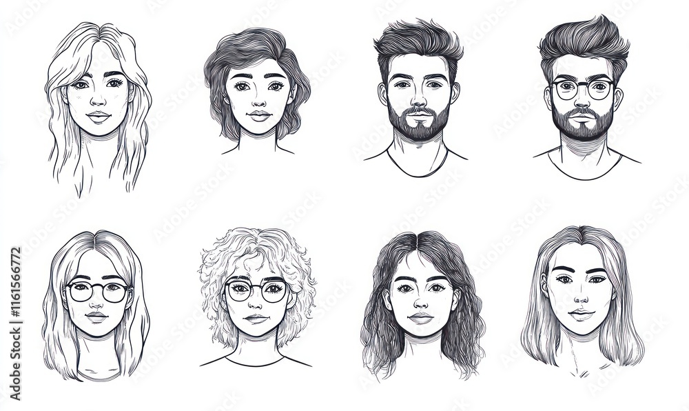 Eight grayscale hand-drawn portraits of diverse young adults. Eight grayscale hand-drawn portraits of diverse young adults.