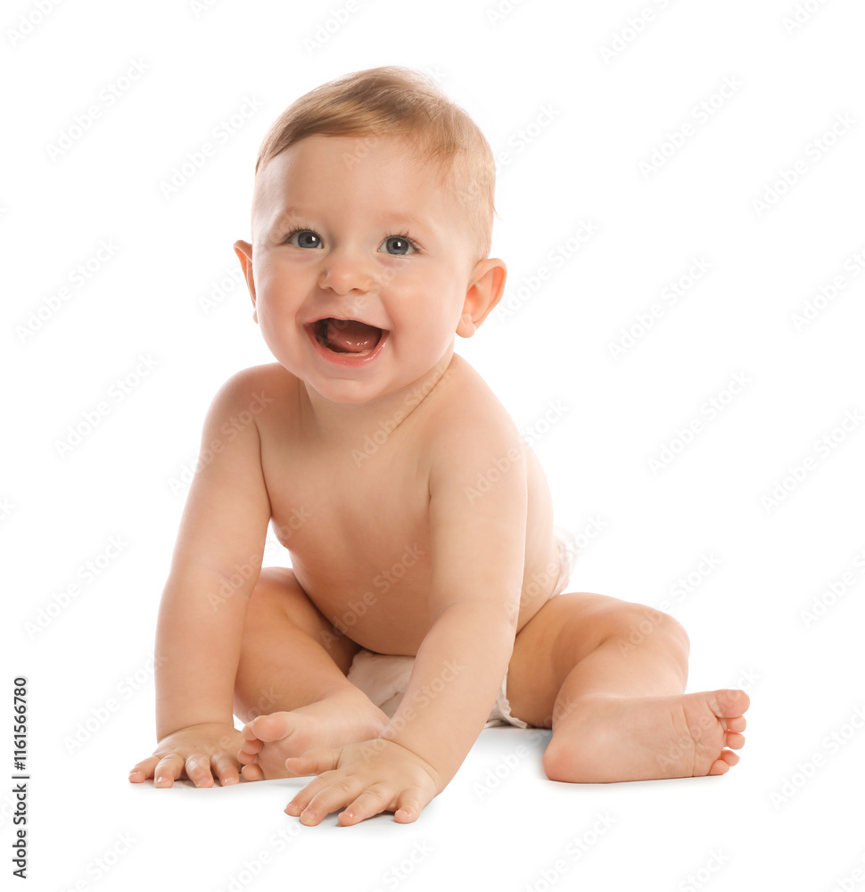 Little baby in diaper on white background Little baby in diaper on white background
