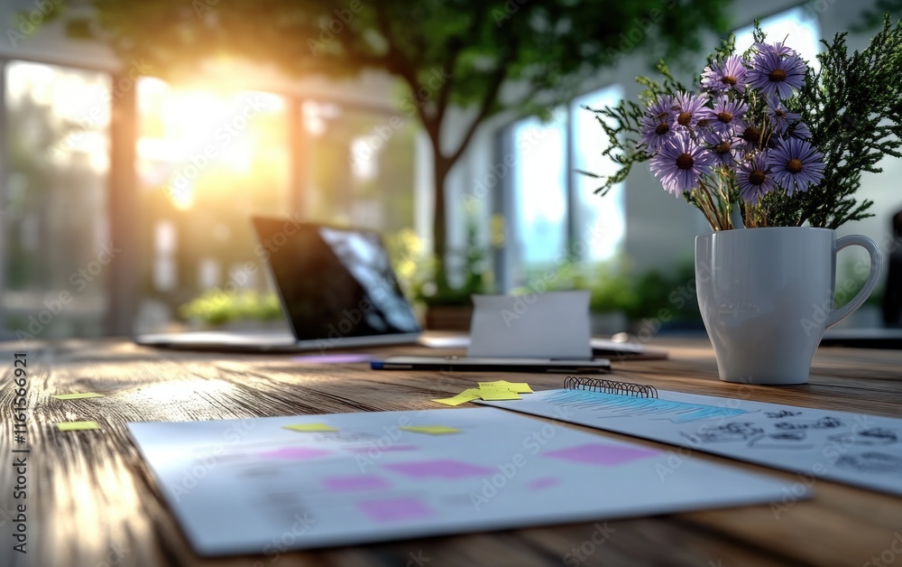 A cozy workspace features a wooden table with scattered notes, a laptop, and a white vase of flowers. Sunlight filters through the greenery, creating a serene atmosphere A cozy workspace features a wooden table with scattered notes, a laptop, and a white vase of flowers. Sunlight filters through the greenery, creating a serene atmosphere