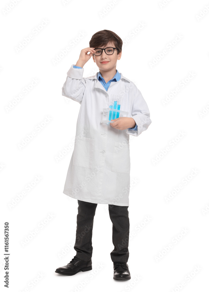 Boy with test tubes pretending to be scientist on white background. Dreaming of future profession Boy with test tubes pretending to be scientist on white background. Dreaming of future profession