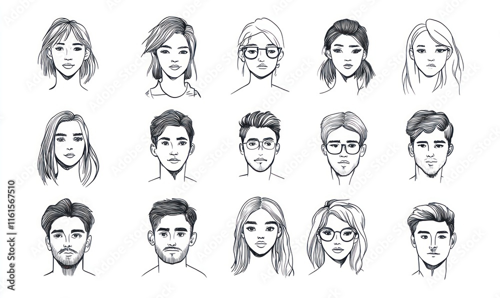 Collection of diverse hand-drawn faces, men and women with various hairstyles and expressions.