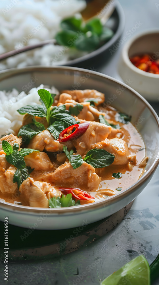 Braised chicken in creamy coconut milk with chili, lime, and herbs served with jasmine rice Braised chicken in creamy coconut milk with chili, lime, and herbs served with jasmine rice