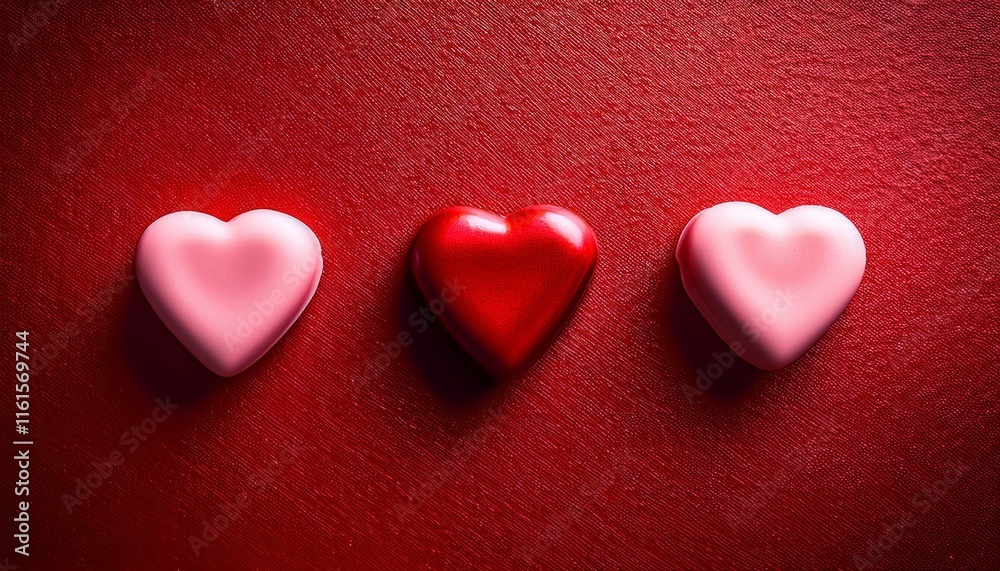 Fototapeta premium Three candy hearts on a textured red background, a sweet, minimal Valentine's image.