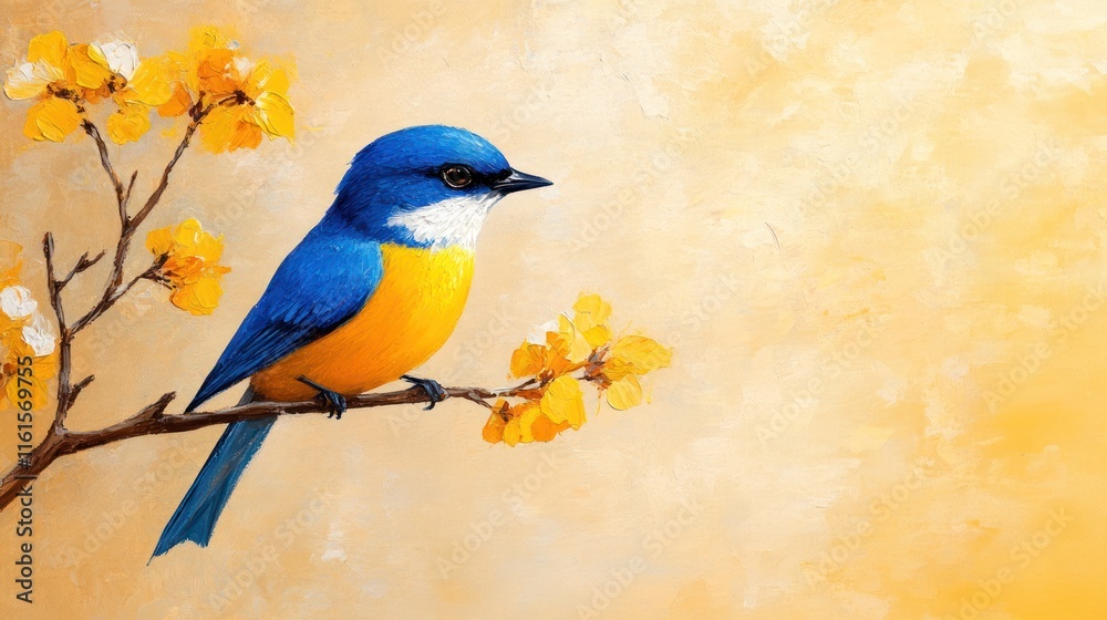 Obraz premium Autumnal Bluebird Perched on Branch - Acrylic Painting with Textured Canvas Background for Mobile Devices