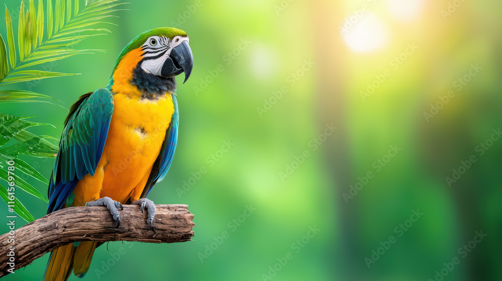 vibrant parrot perched on branch, surrounded by lush greenery, exuding lively spirit vibrant parrot perched on branch, surrounded by lush greenery, exuding lively spirit
