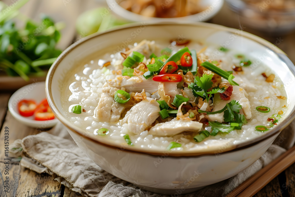 Hearty chicken rice porridge with green onions, crispy shallots, and fresh herb garnish Hearty chicken rice porridge with green onions, crispy shallots, and fresh herb garnish