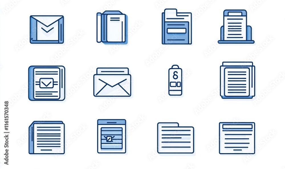 Blue outline icons of office documents, mail, folder, and stack items. Blue outline icons of office documents, mail, folder, and stack items.