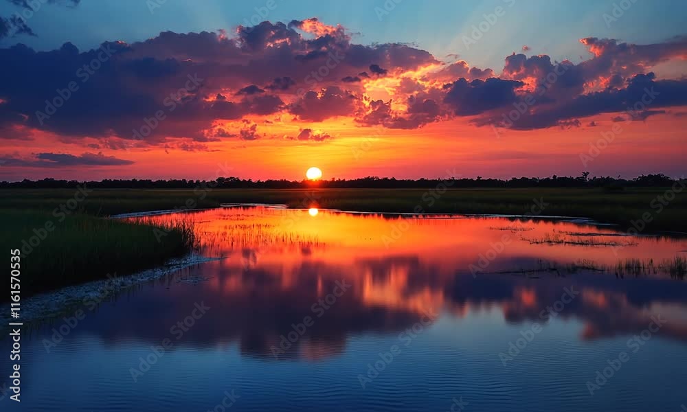 A stunning sunset reflects on calm waters, surrounded by lush grasslands and vibrant clouds. A stunning sunset reflects on calm waters, surrounded by lush grasslands and vibrant clouds.