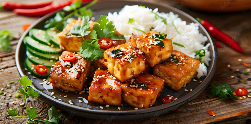 Fried tofu with sweet and spicy sauce topped with chili, cilantro, and sesame seeds Fried tofu with sweet and spicy sauce topped with chili, cilantro, and sesame seeds
