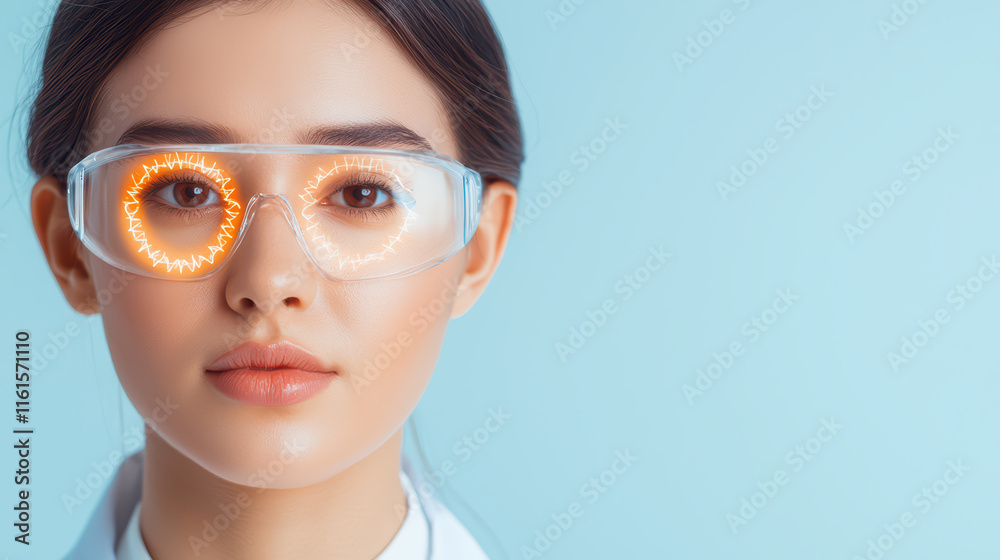 focused scientist wearing protective glasses with glowing elements, showcasing innovation and research in laboratory setting focused scientist wearing protective glasses with glowing elements, showcasing innovation and research in laboratory setting