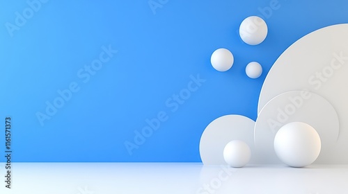 Geometric 3D Balls in White Abstract Design on Blue Background Banner