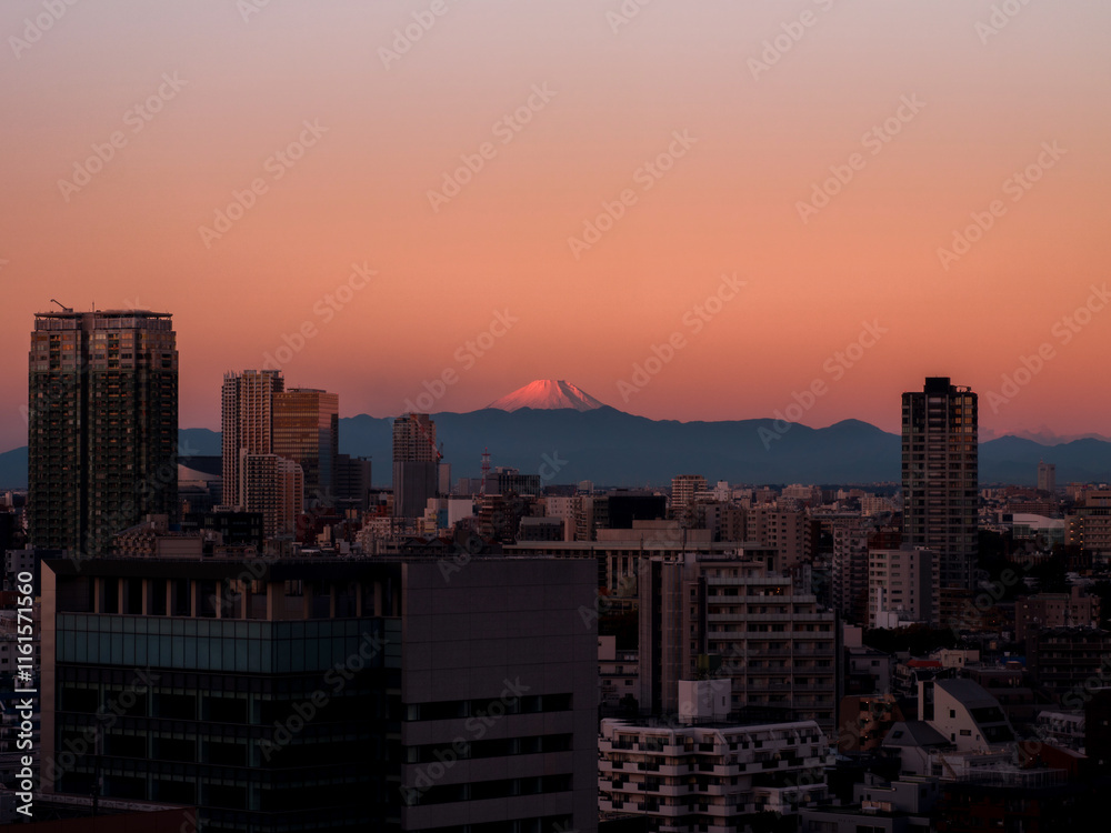 Central image of Mount Fuji peak and silhouette of mountains in the horizon with Tokyo city skyline in the foreground and deep red dawn sky. Land of the rising sun. Central image of Mount Fuji peak and silhouette of mountains in the horizon with Tokyo city skyline in the foreground and deep red dawn sky. Land of the rising sun.