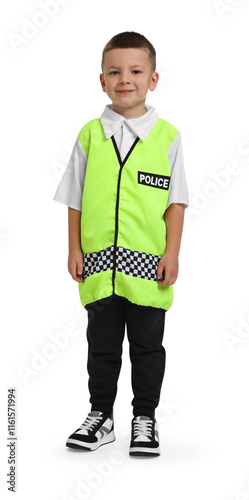 Little boy pretending to be policeman on white background. Dreaming of future profession photo