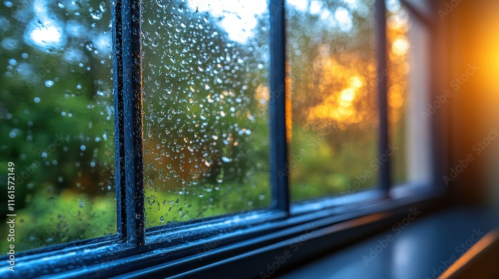 Fototapeta premium Beautiful Close-Up of Rain Droplets on Windowpane with Warm Sunset Light and Green Nature Background, Evoking Peaceful and Cozy Atmosphere of Rainy Day