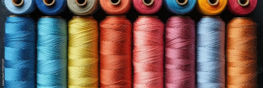 A colorful array of sewing thread spools arranged in a row, showcasing vibrant hues. A colorful array of sewing thread spools arranged in a row, showcasing vibrant hues.