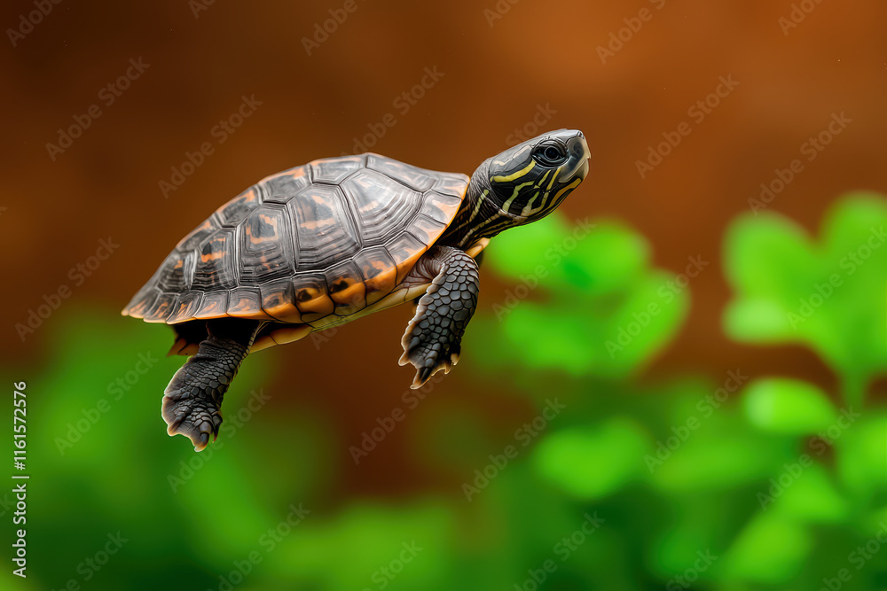 Obraz premium tiny turtle swimming gracefully in clear water, surrounded by green plants. Its intricate shell and vibrant colors create captivating scene