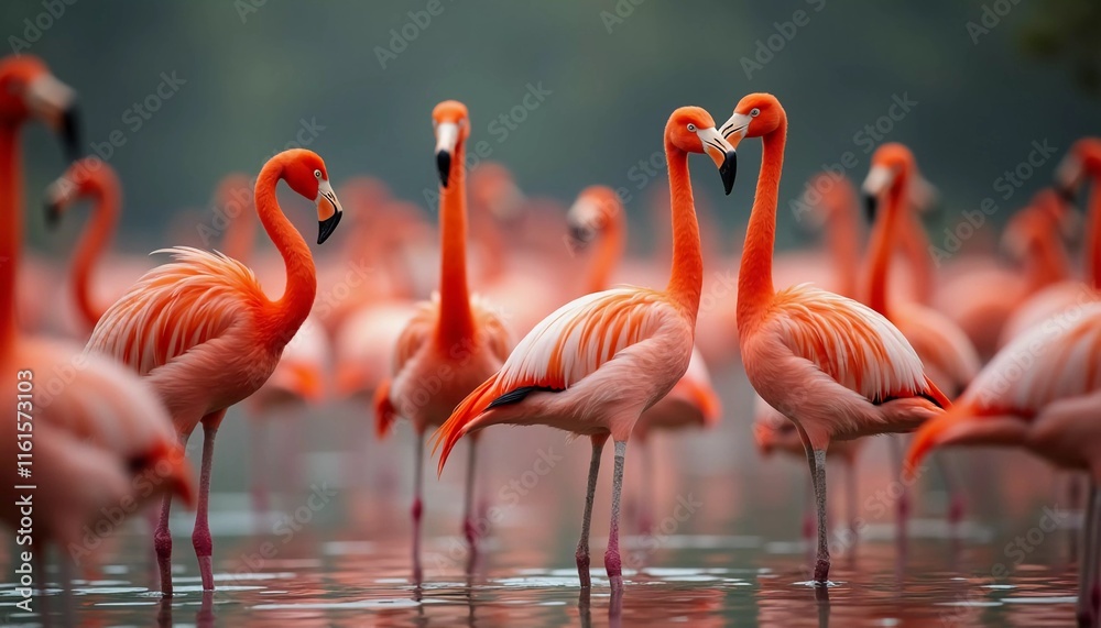 Obraz premium Flamingos gather in a tranquil pond, their orange feathers reflecting in water. They interact playfully, creating a stunning display of nature. Flamingo Phoenicopterus is genus of birds. Generative AI