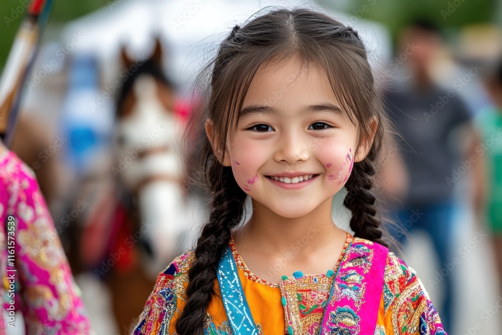 A smiling girl in a colorful traditional dress stands among horses, radiating joy and cultural pride in a vibrant outdoor setting that captures the spirit of youth and happiness. A smiling girl in a colorful traditional dress stands among horses, radiating joy and cultural pride in a vibrant outdoor setting that captures the spirit of youth and happiness.