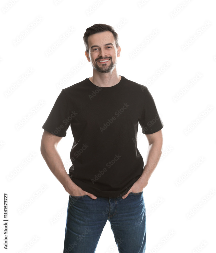 Fototapeta premium Man in blank black t-shirt on white background. Mockup for design