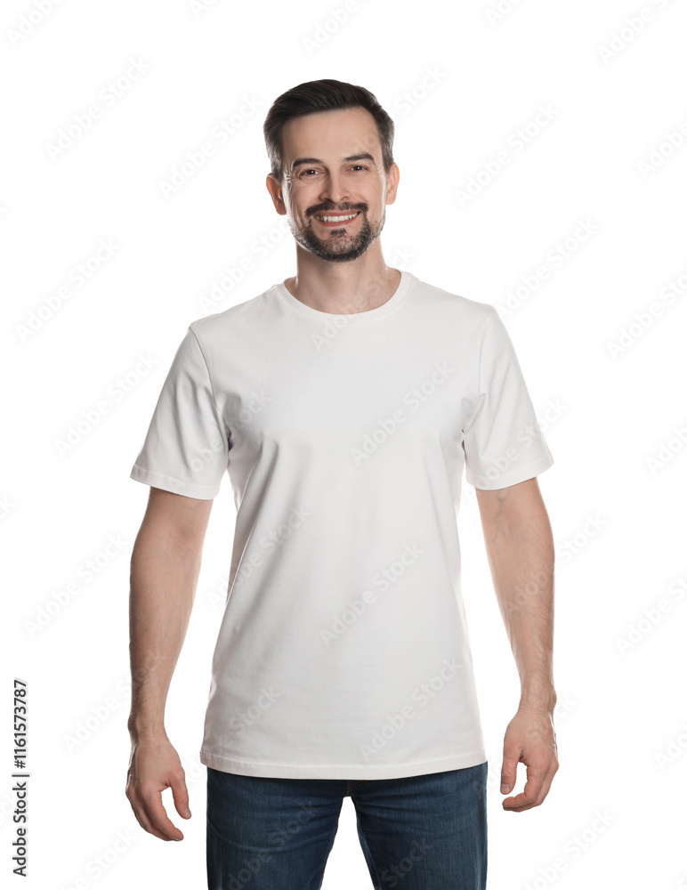 Man in blank t-shirt on white background. Mockup for design Man in blank t-shirt on white background. Mockup for design