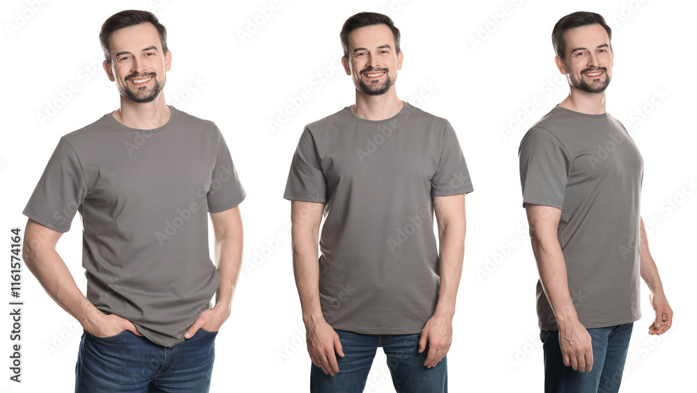 Man in grey t-shirt. Collage of photos on white background. Mockup for design
