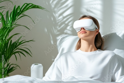 A woman peacefully sleeping, wearing a VR. Generative AI photo