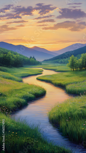 Sunset Reflection Over Tranquil River and Verdant Hills in Serene Landscape photo